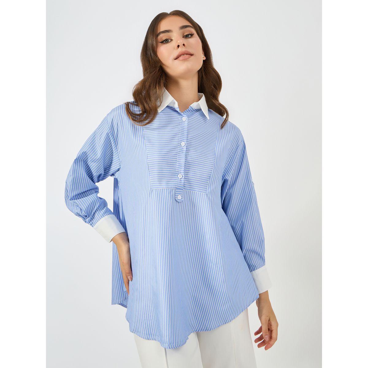 بلوزة فضفاضة مخططة بتفاصيل مُتباينة وازرار كولورفول × ستايلي-women-clothing-shirtsandblouses-shirts-image-3