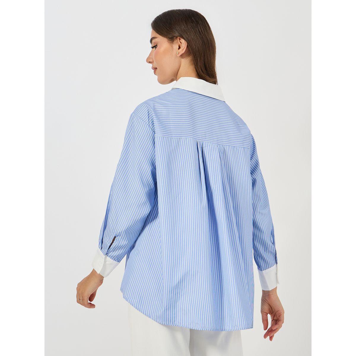 بلوزة فضفاضة مخططة بتفاصيل مُتباينة وازرار كولورفول × ستايلي-women-clothing-shirtsandblouses-shirts-image-5