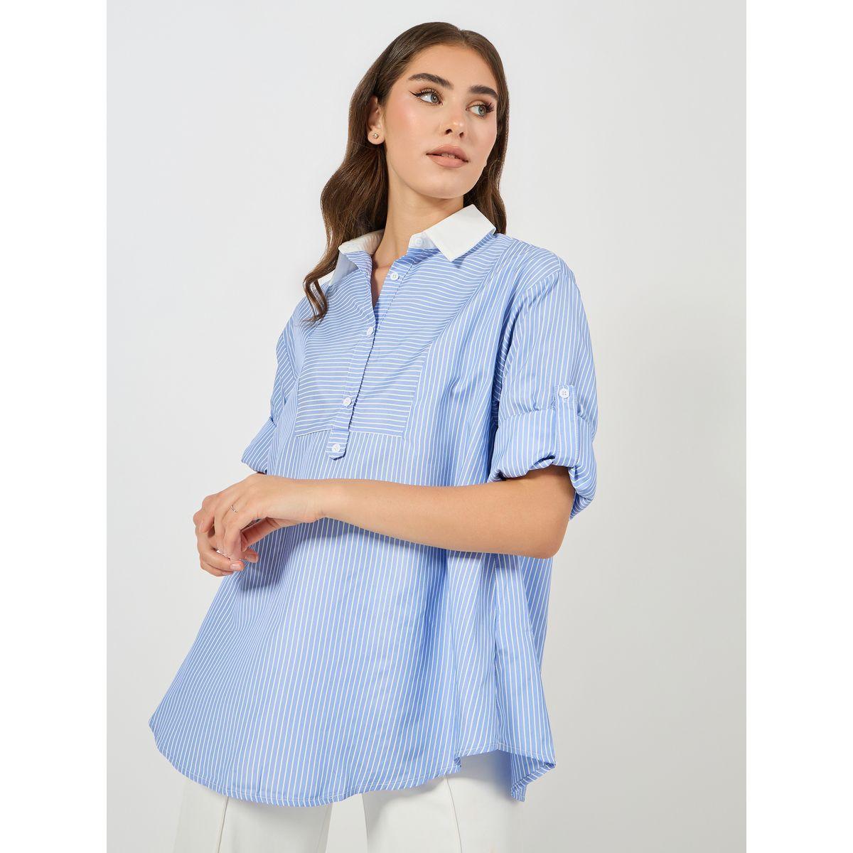 بلوزة فضفاضة مخططة بتفاصيل مُتباينة وازرار كولورفول × ستايلي-women-clothing-shirtsandblouses-shirts-image-6