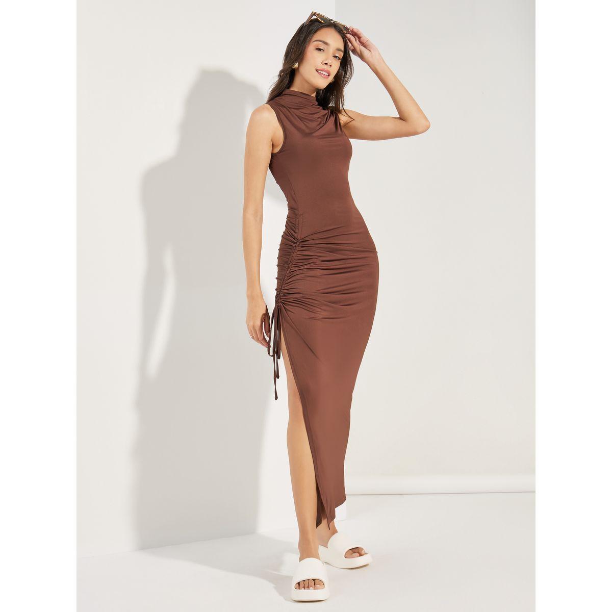 فستان بديكون طويل بتفاصيل مزمومة كولورفول × ستايلي-women-clothing-dresses-image-1