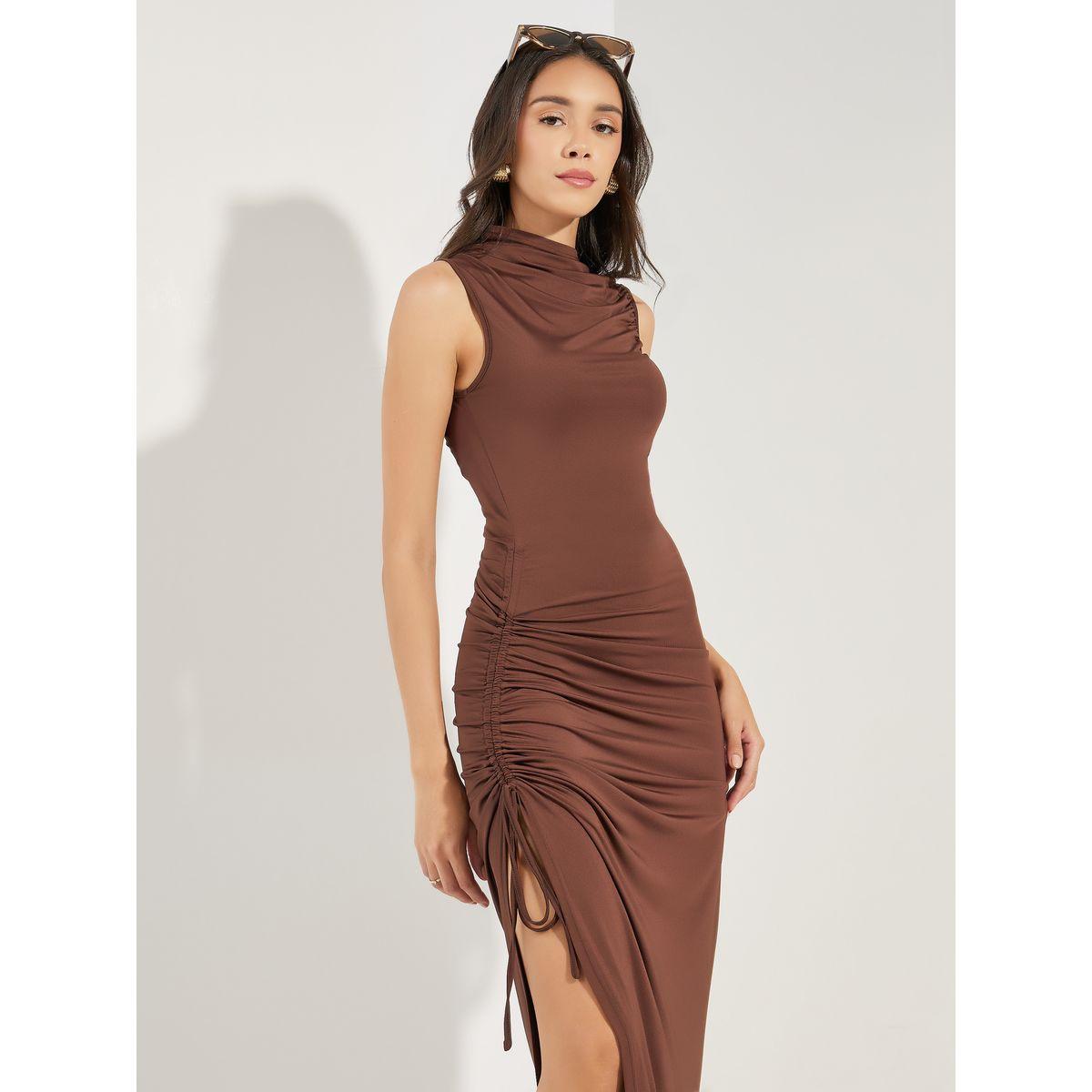 فستان بديكون طويل بتفاصيل مزمومة كولورفول × ستايلي-women-clothing-dresses-image-2