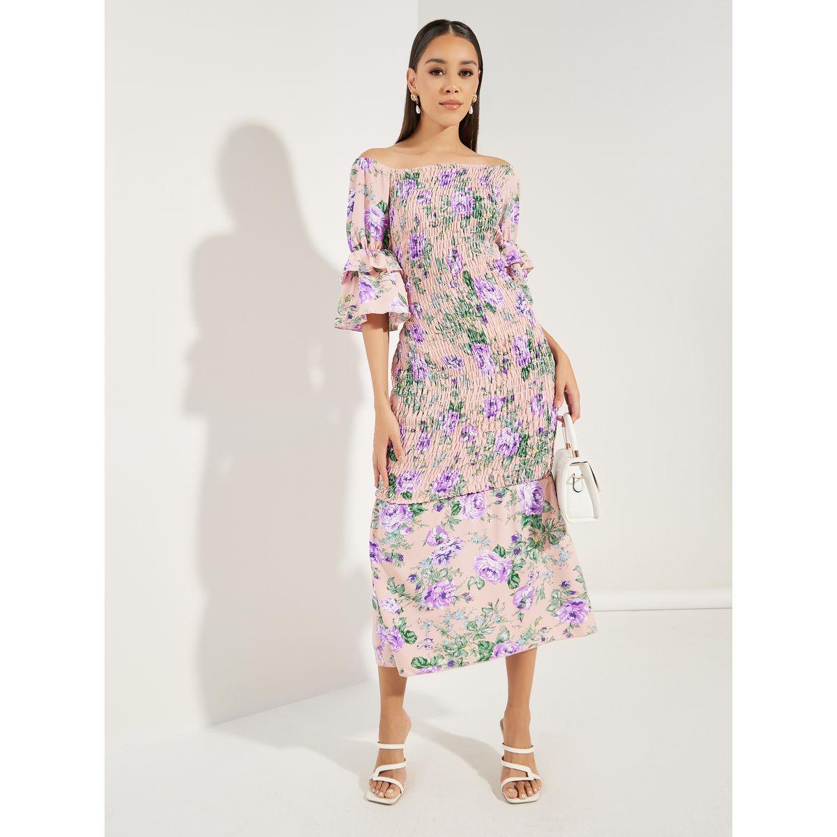 فستان ميدي باكتاف مكشوفة واكمام بطبقات كولورفول × ستايلي-women-clothing-dresses-image-1