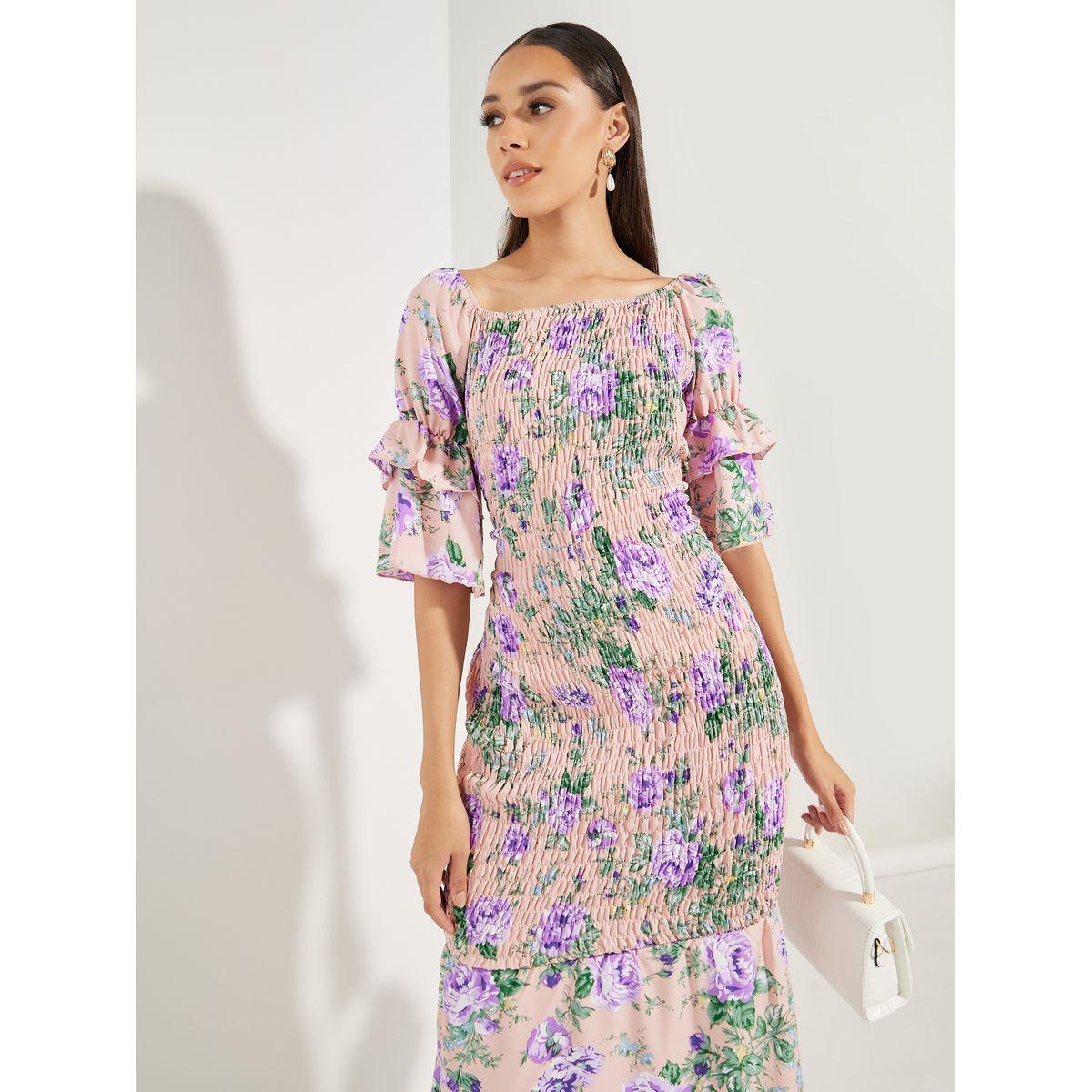 فستان ميدي باكتاف مكشوفة واكمام بطبقات كولورفول × ستايلي-women-clothing-dresses-image-2