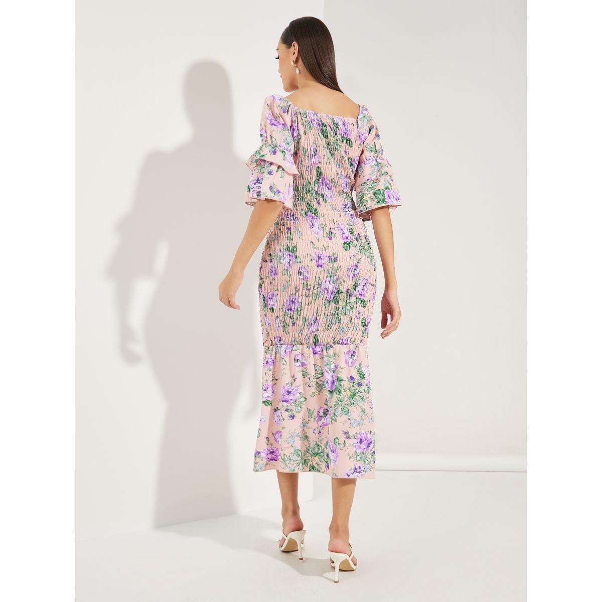 فستان ميدي باكتاف مكشوفة واكمام بطبقات كولورفول × ستايلي-women-clothing-dresses-image-4