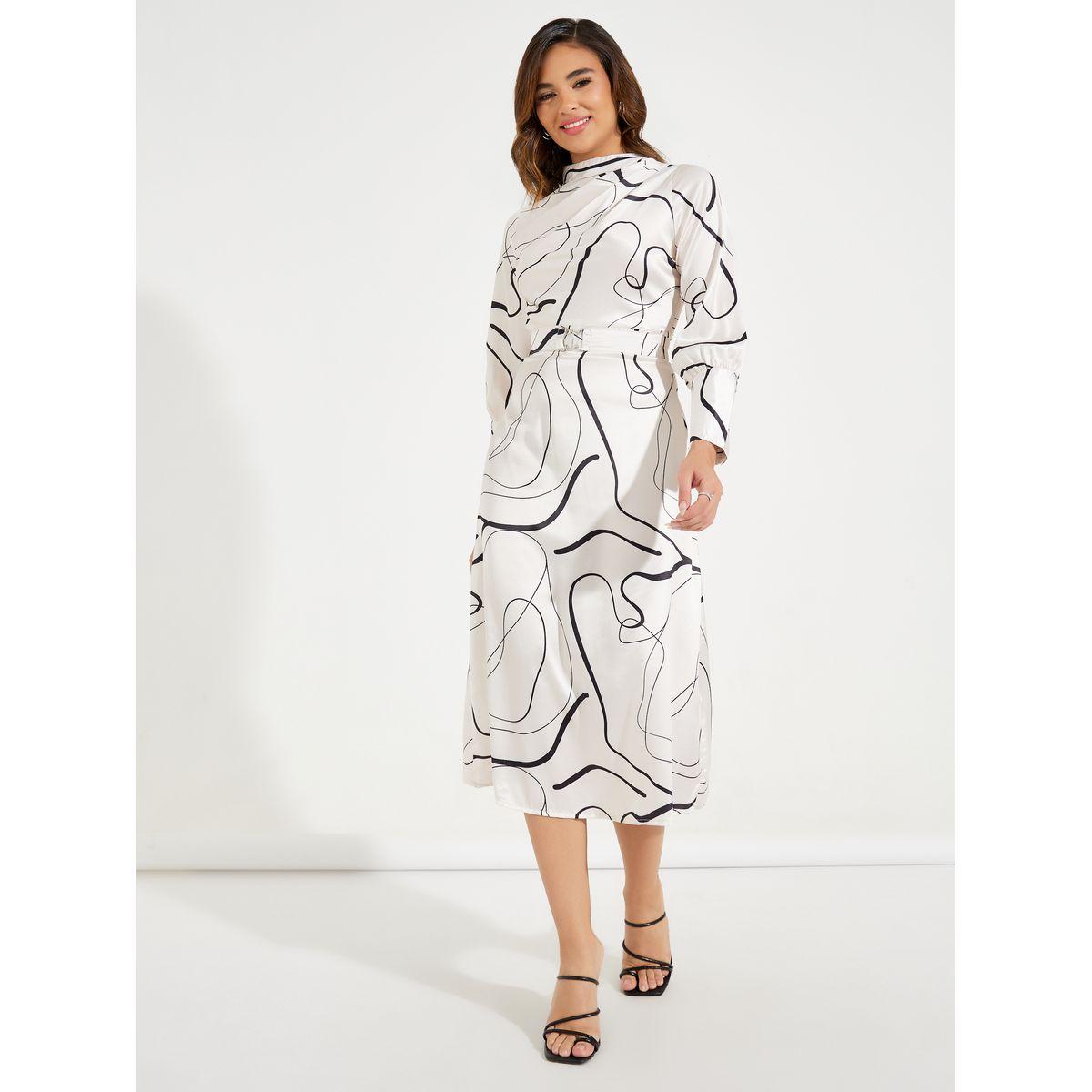 فستان ميدي بياقة عالية مع اكمام واسعة-women-clothing-dresses-image-1