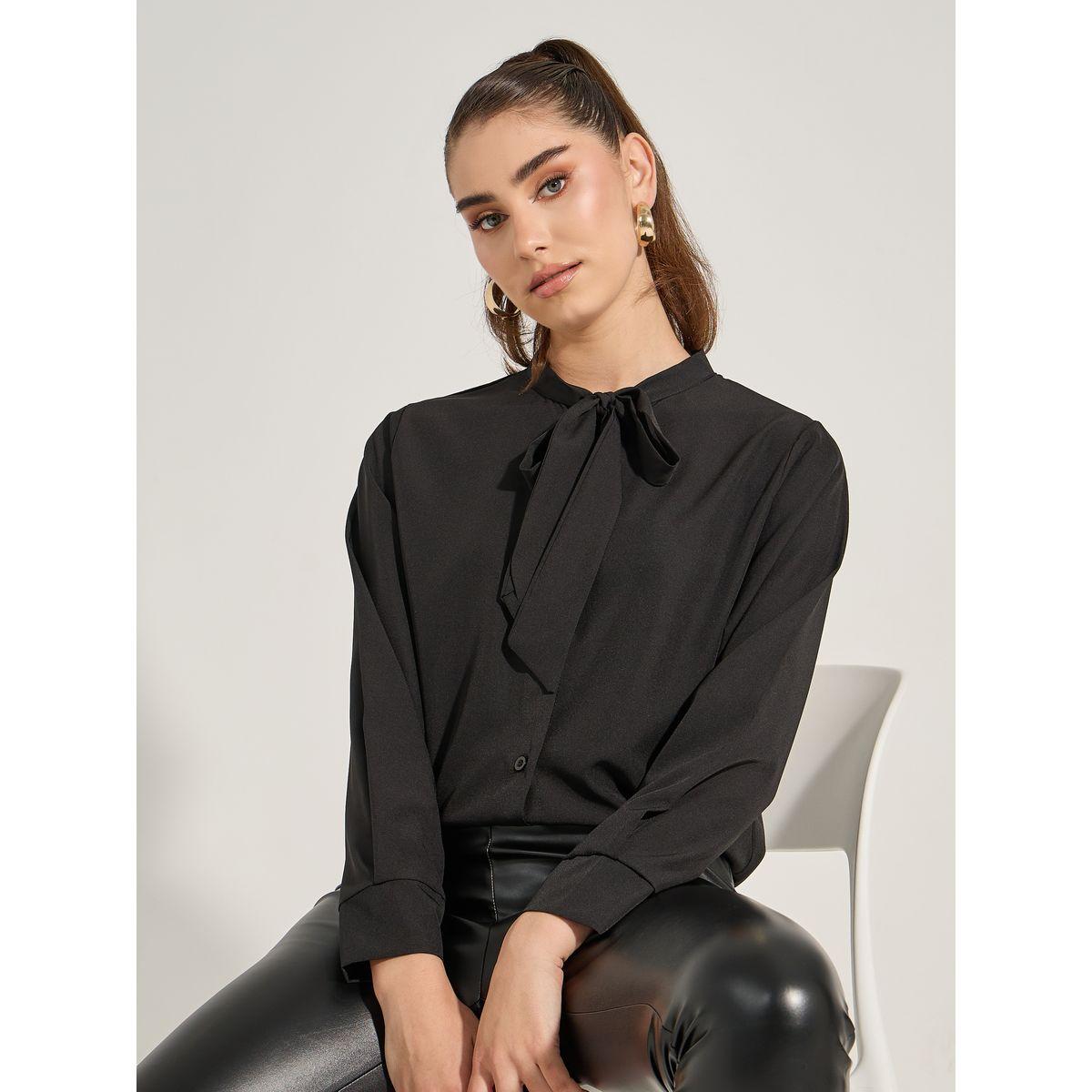 Styli Solid Tie-Up Neck Blouse with Buttons-women-clothing-shirtsandblouses-blouses-image-1
