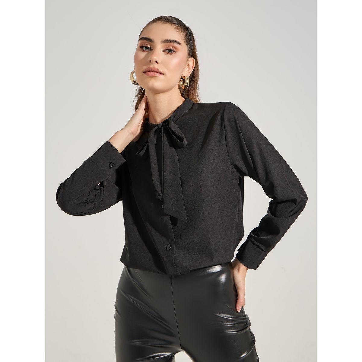 Styli Solid Tie-Up Neck Blouse with Buttons-women-clothing-shirtsandblouses-blouses-image-3