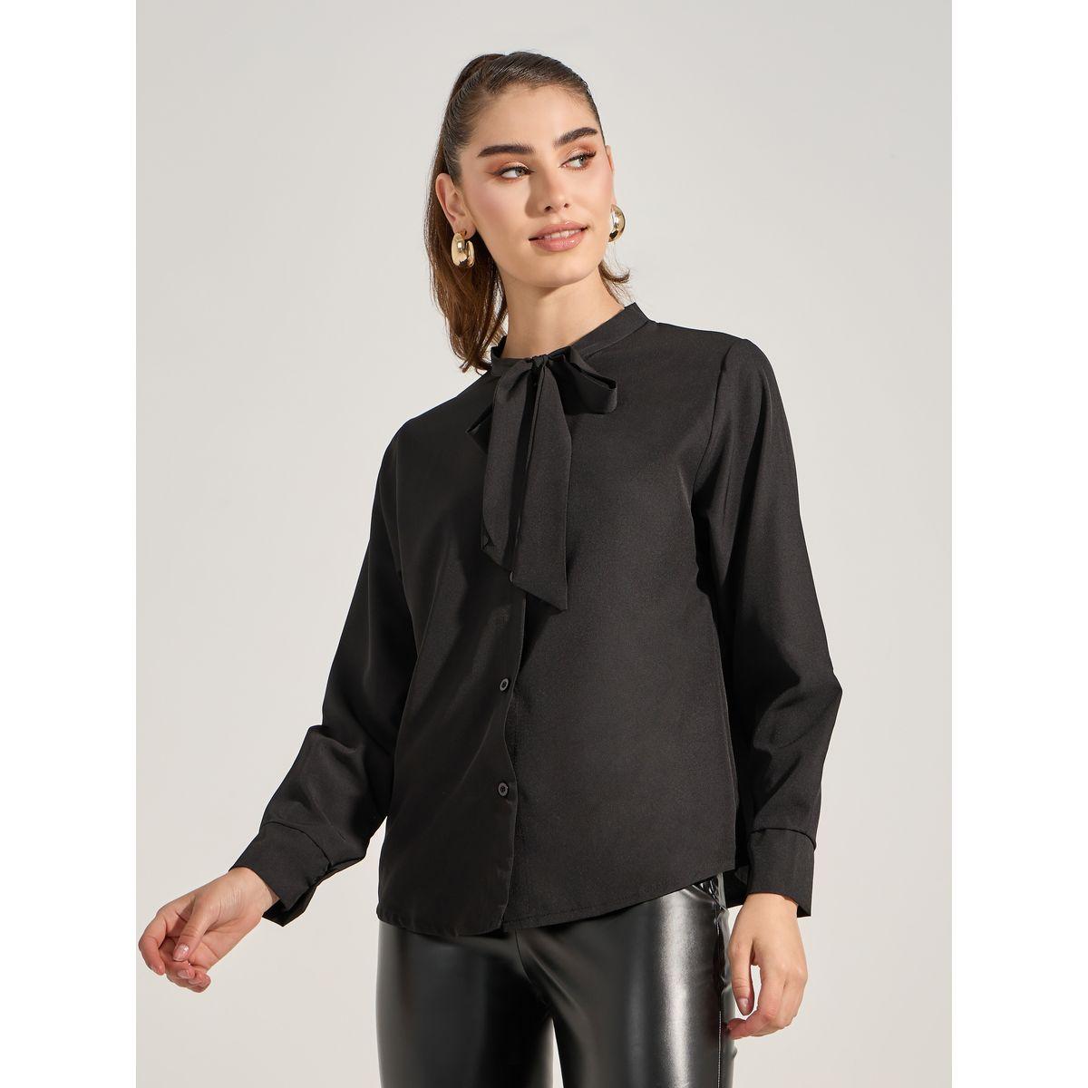 Styli Solid Tie-Up Neck Blouse with Buttons-women-clothing-shirtsandblouses-blouses-image-4