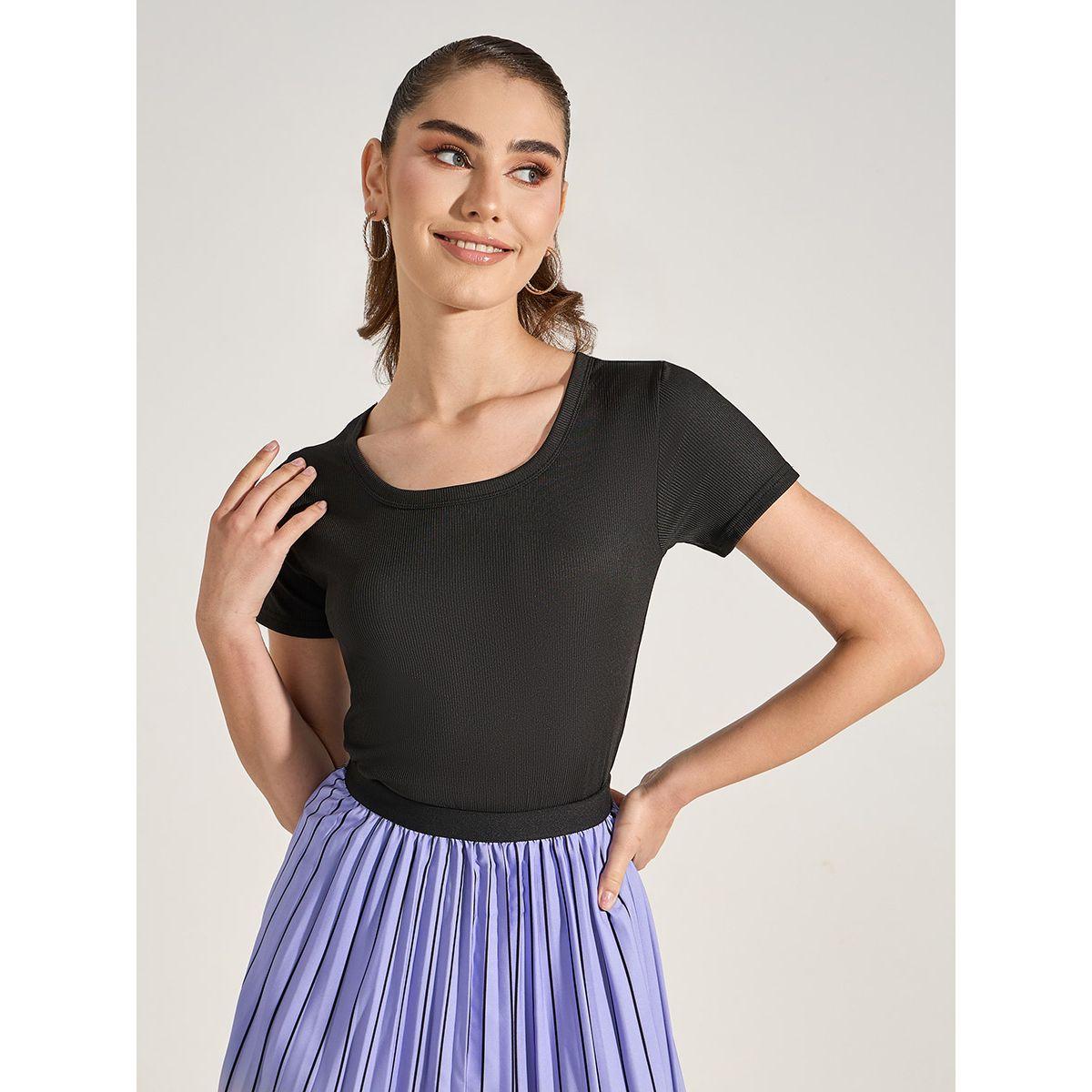 Styli Solid Scoop Neck Ribbed T-Shirt-women-clothing-tshirts-image-1