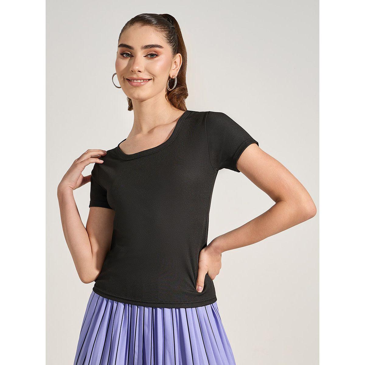 Styli Solid Scoop Neck Ribbed T-Shirt-women-clothing-tshirts-image-3