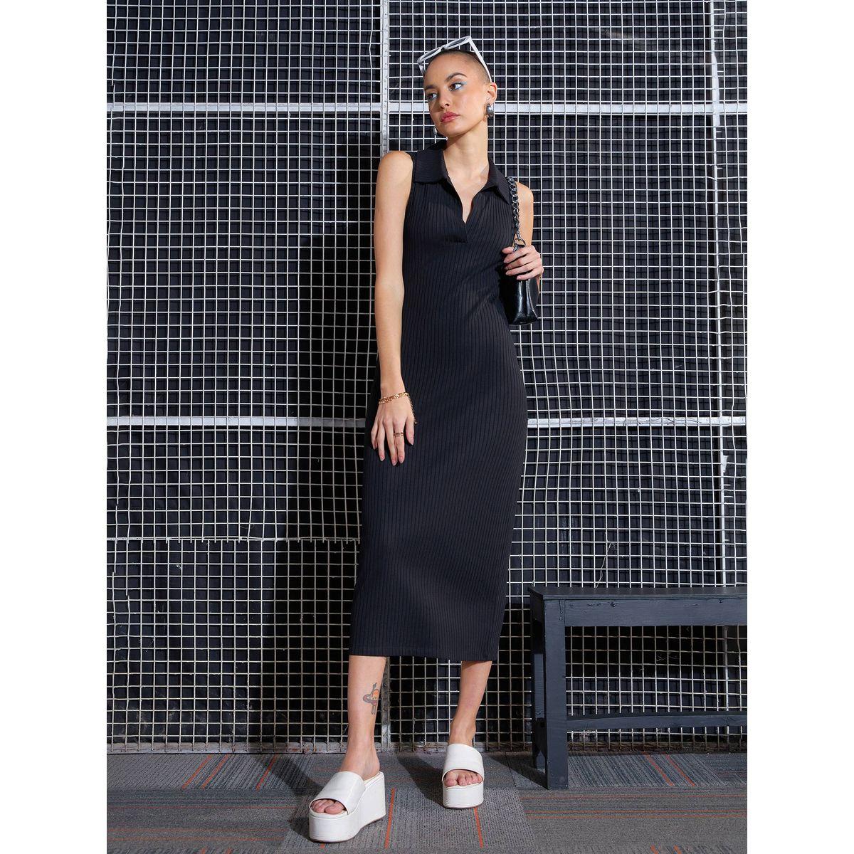 فستان ميدي ضيق بلا اكمام مع ياقة بولو ساسافراس × ستايلي-women-clothing-dresses-image-1