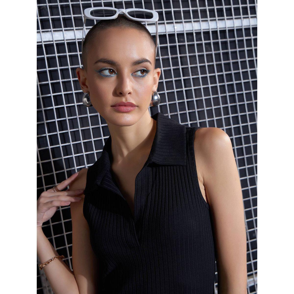 فستان ميدي ضيق بلا اكمام مع ياقة بولو ساسافراس × ستايلي-women-clothing-dresses-image-4