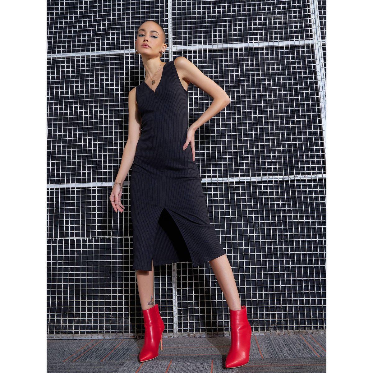 Sassafras X Styli  Front Zipper Rib Bodycon Midi Dress-women-clothing-dresses-image-1