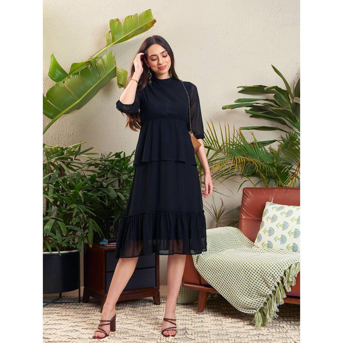 فستان ميدي سادة بياقة عالية وطبقات ساسافراس × ستايلي-women-clothing-dresses-image-6