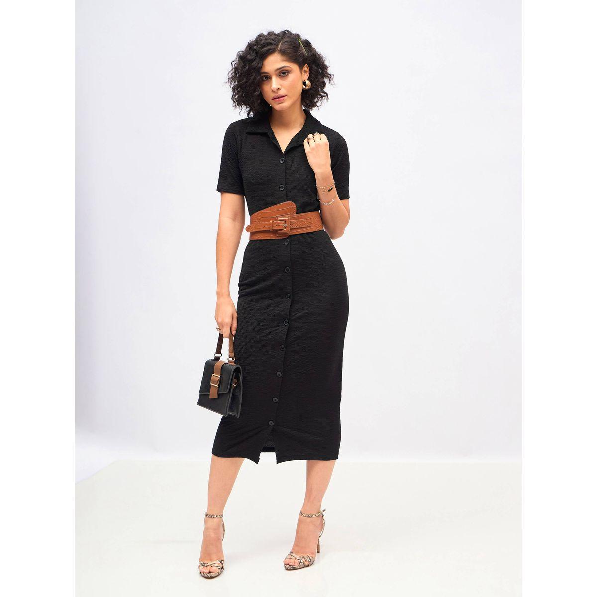 فستان ميدي ضيق بتفاصيل محبوكة مع ازرار غلق ساسافراس × ستايلي-women-clothing-dresses-image-1