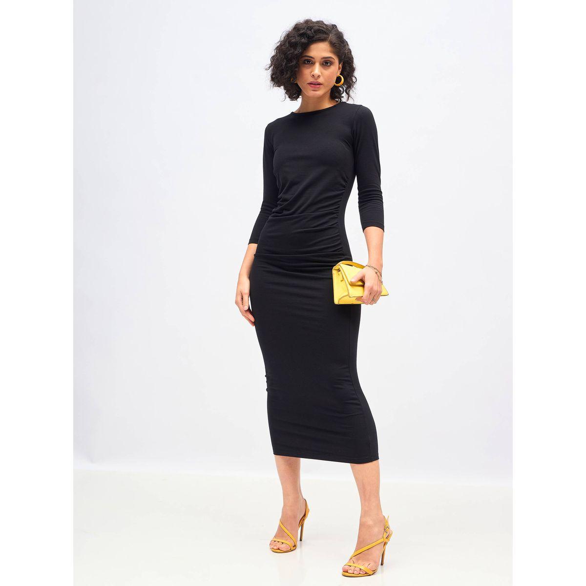 فستان ميدي ضيق مزين بكسرات وتفاصيل مزمومة ساسافراس × ستايلي-women-clothing-dresses-image-1