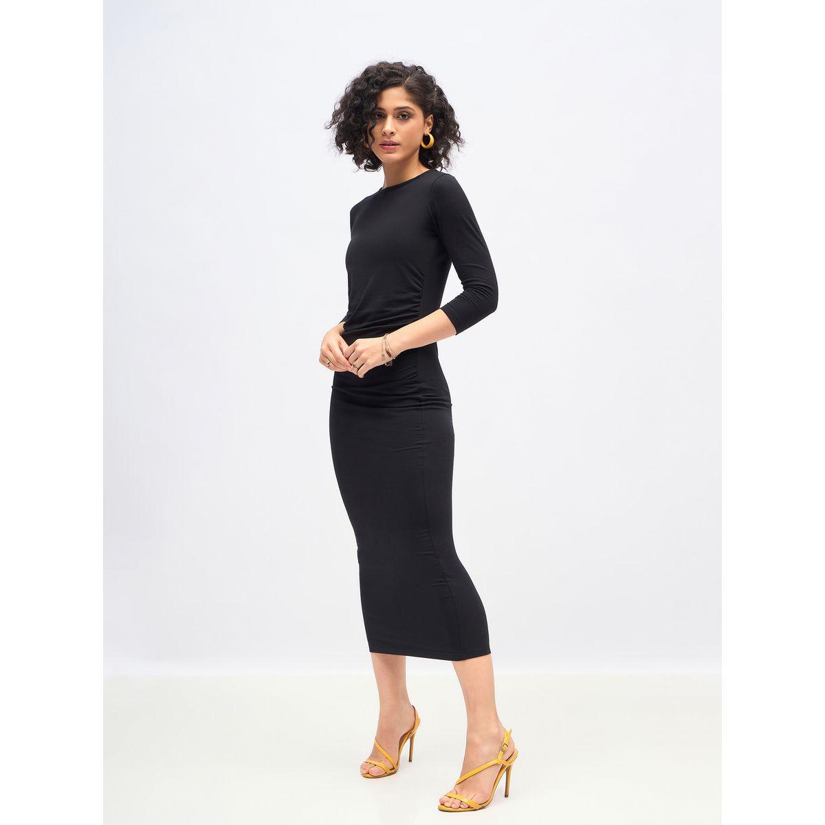 فستان ميدي ضيق مزين بكسرات وتفاصيل مزمومة ساسافراس × ستايلي-women-clothing-dresses-image-3