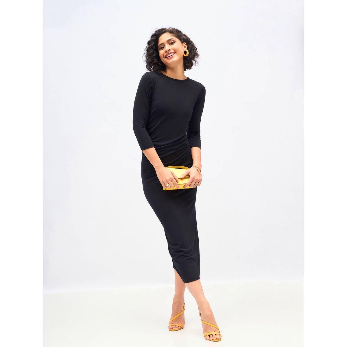 فستان ميدي ضيق مزين بكسرات وتفاصيل مزمومة ساسافراس × ستايلي-women-clothing-dresses-image-7