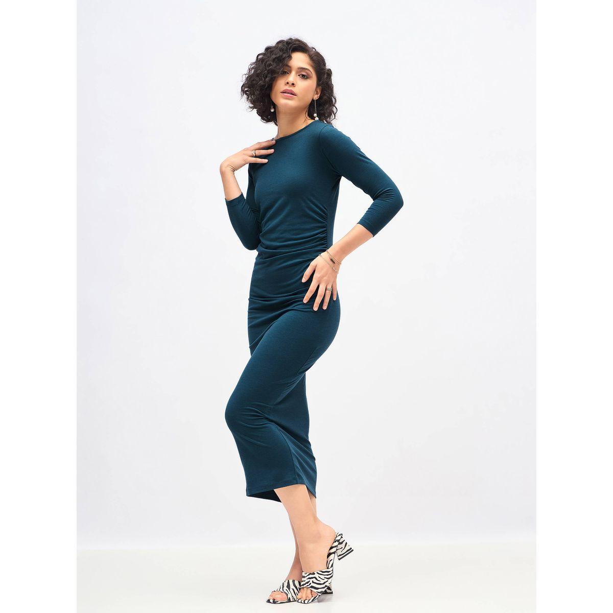 فستان ميدي ضيق مزين بكسرات وتفاصيل مزمومة ساسافراس × ستايلي-women-clothing-dresses-image-3