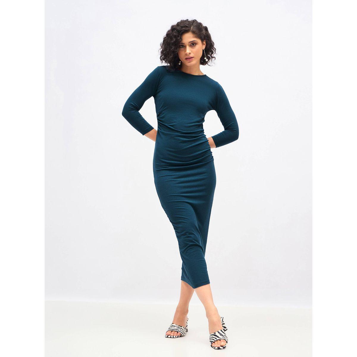 فستان ميدي ضيق مزين بكسرات وتفاصيل مزمومة ساسافراس × ستايلي-women-clothing-dresses-image-6