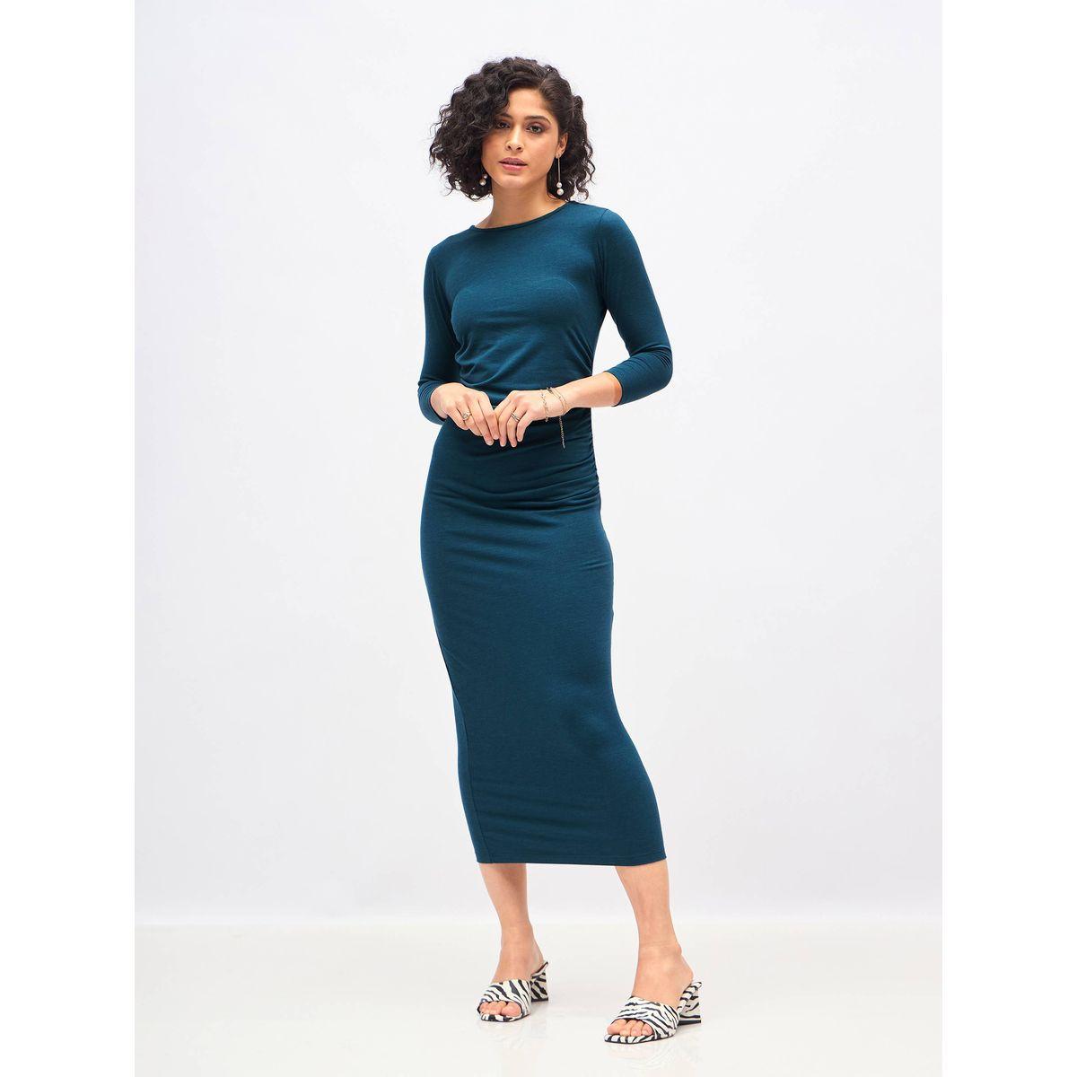 Sassafras X Styli  Gathered Detail Bodycon Midi Dress with 3/4 Sleeves-women-clothing-dresses-image-7