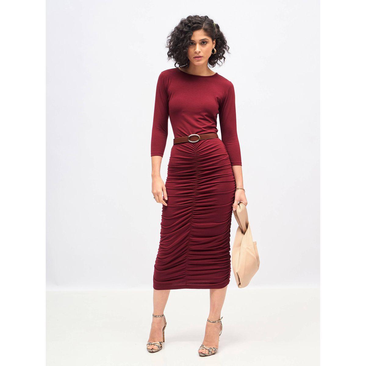 Sassafras X Styli  Gathered Bodycon Midi Dress with 3/4 Sleeves-women-clothing-dresses-image-1