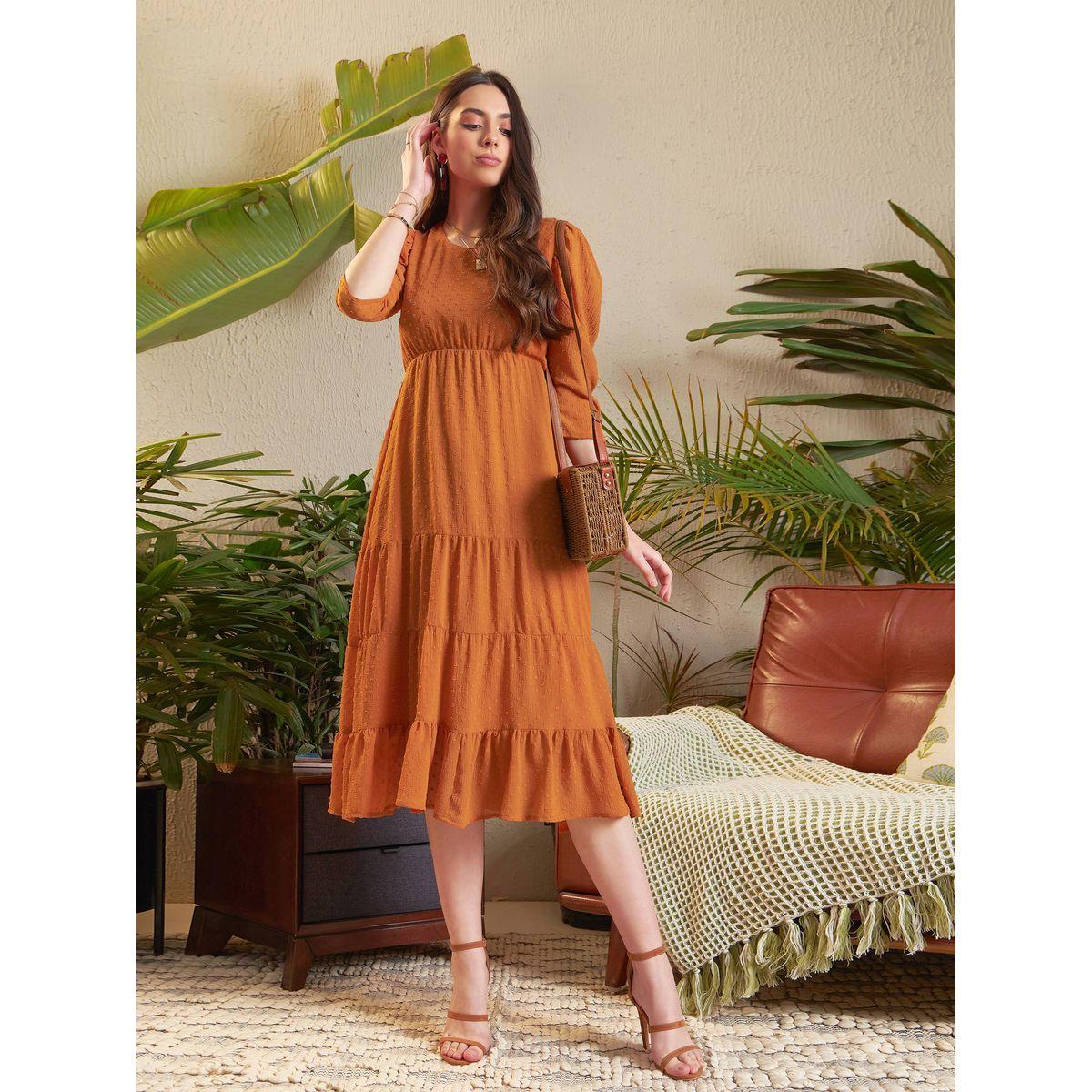 فستان ميدي بخيوط دوبي واكمام منفوخة ساسافراس × ستايلي-women-clothing-dresses-image-1