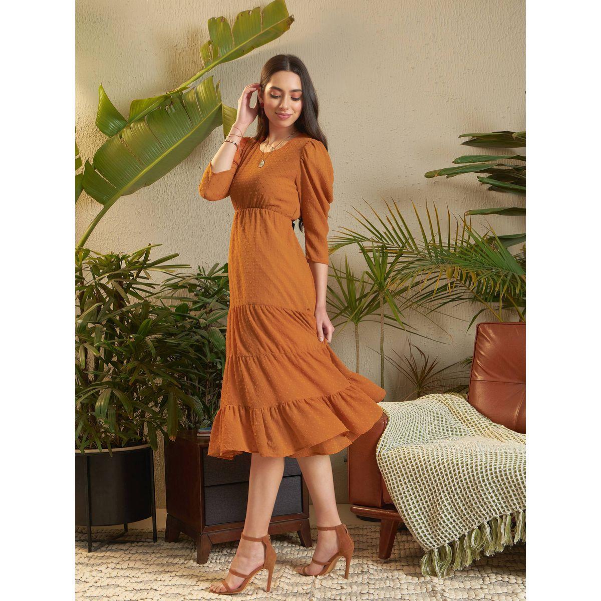 فستان ميدي بخيوط دوبي واكمام منفوخة ساسافراس × ستايلي-women-clothing-dresses-image-3
