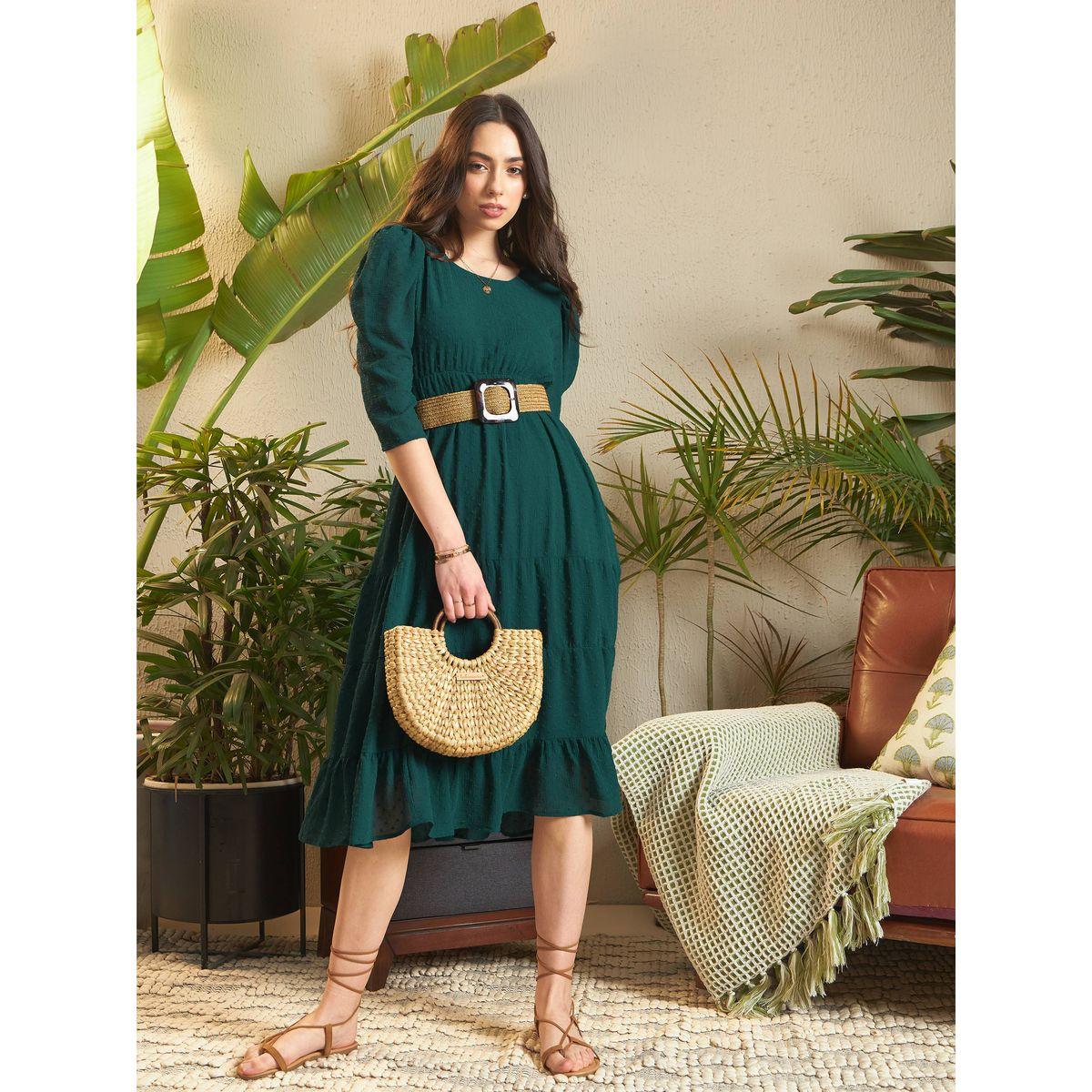 Sassafras X Styli  Dobby Tiered Midi Dress with Puff Sleeves-women-clothing-dresses-image-1