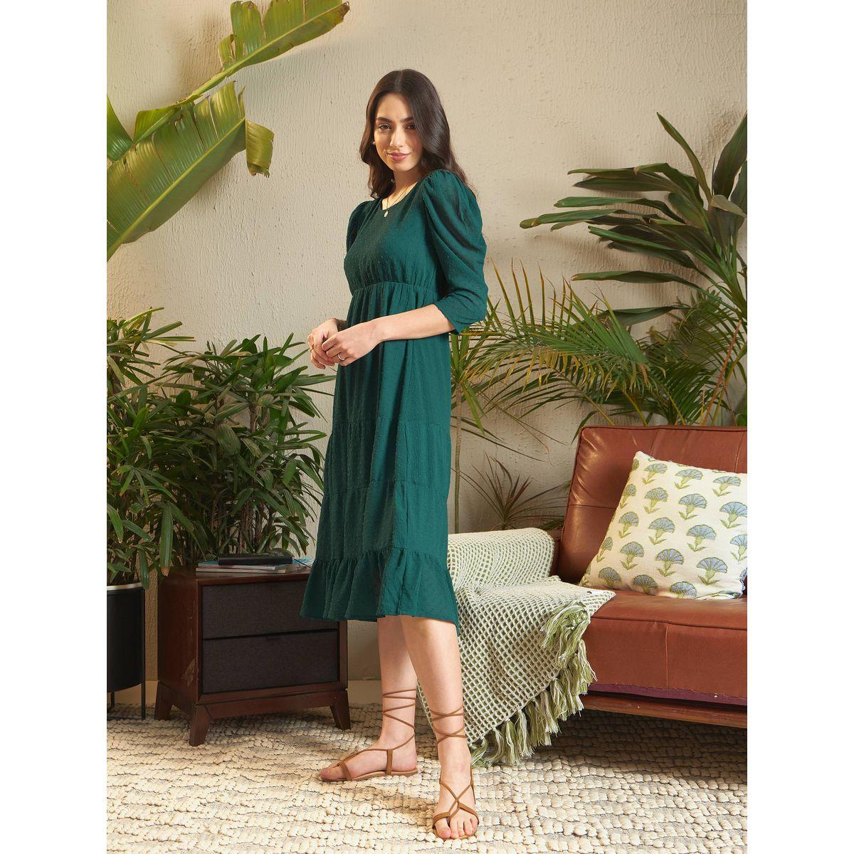 فستان ميدي بخيوط دوبي واكمام منفوخة ساسافراس × ستايلي-women-clothing-dresses-image-3