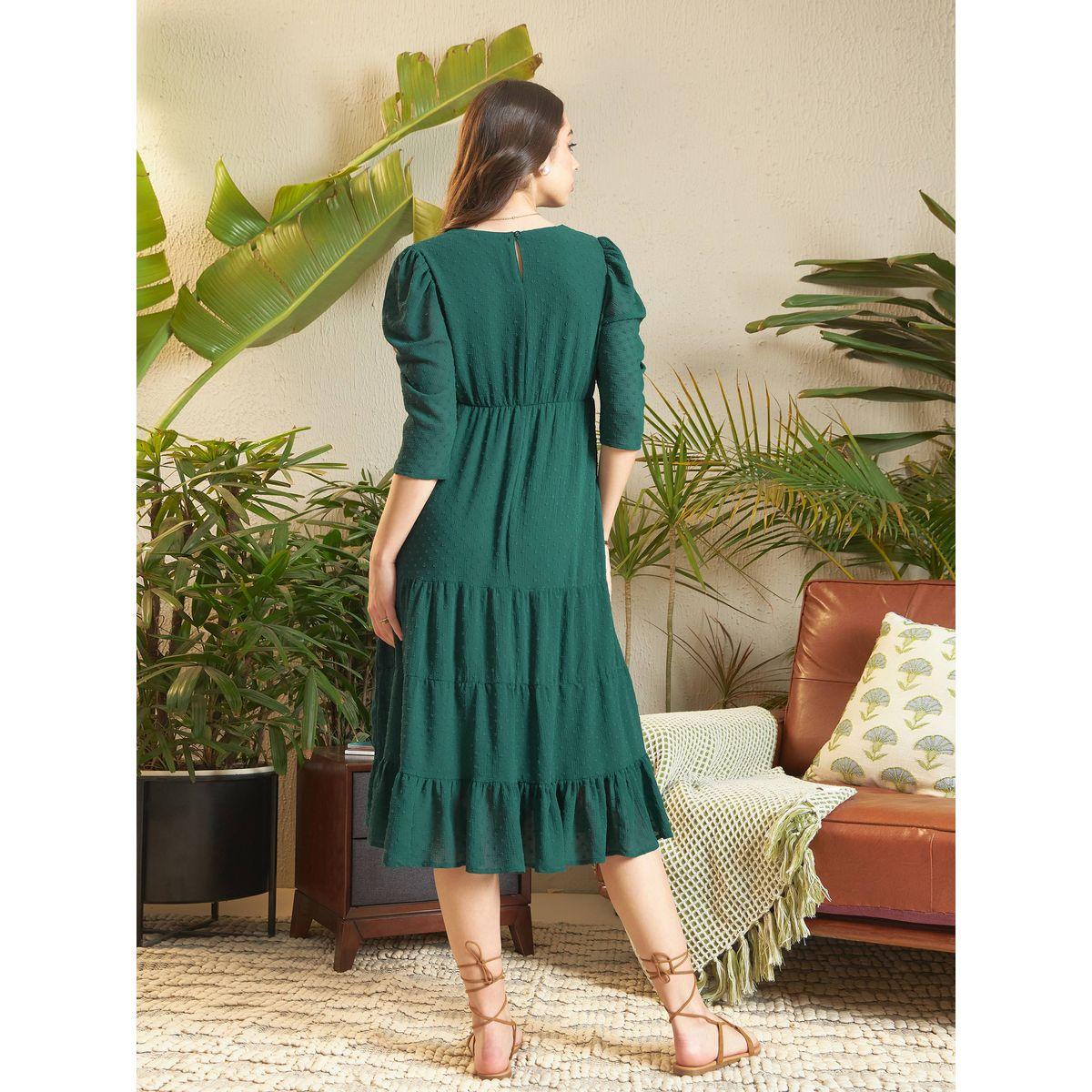 فستان ميدي بخيوط دوبي واكمام منفوخة ساسافراس × ستايلي-women-clothing-dresses-image-5
