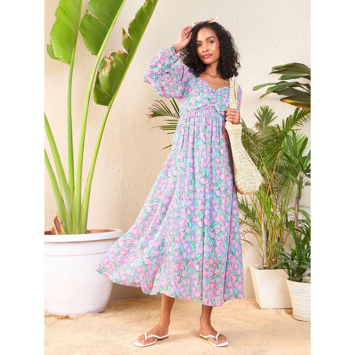 فستان ميدي بطبعة تيوليب وياقة على شكل قلب ساسافراس × ستايلي-women-clothing-dresses-image-1