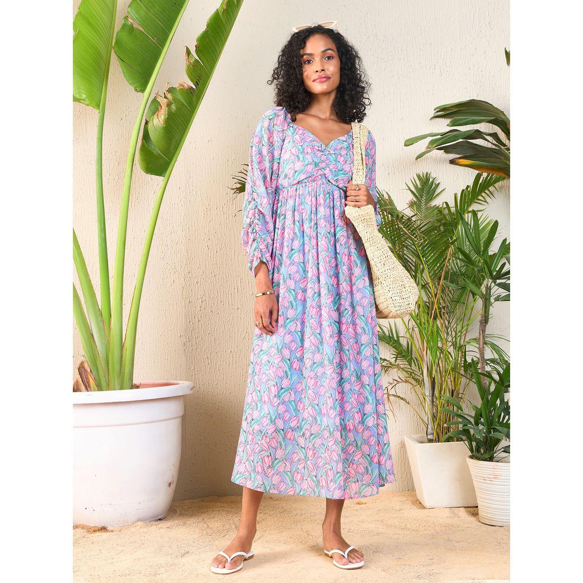 Sassafras X Styli  Tulip Print Sweetheart Neck Midi Dress-women-clothing-dresses-image-2