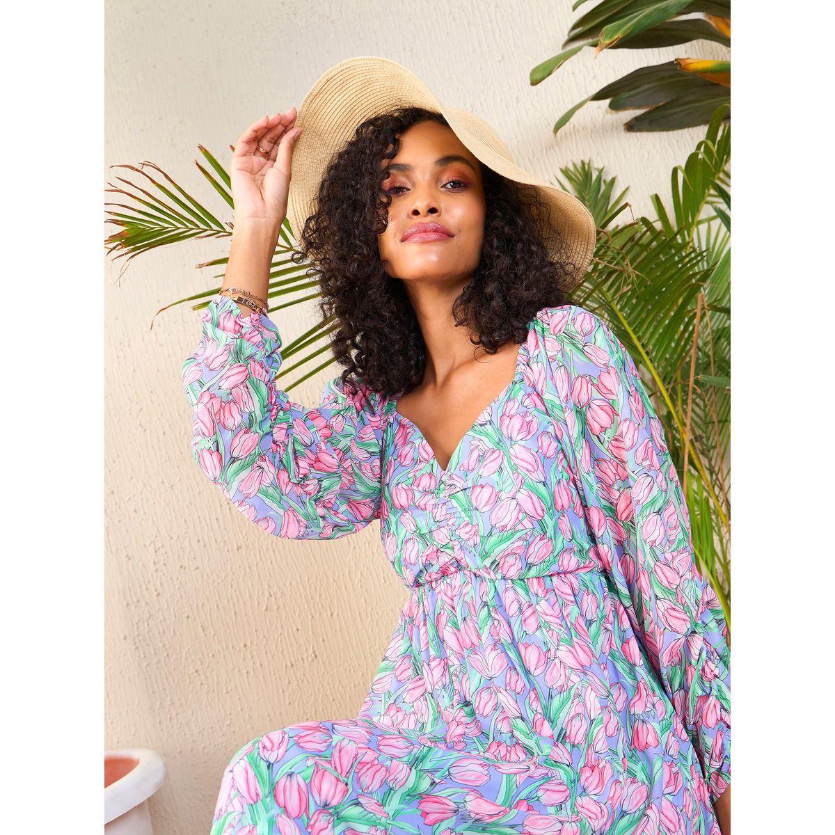 Sassafras X Styli  Tulip Print Sweetheart Neck Midi Dress-women-clothing-dresses-image-7