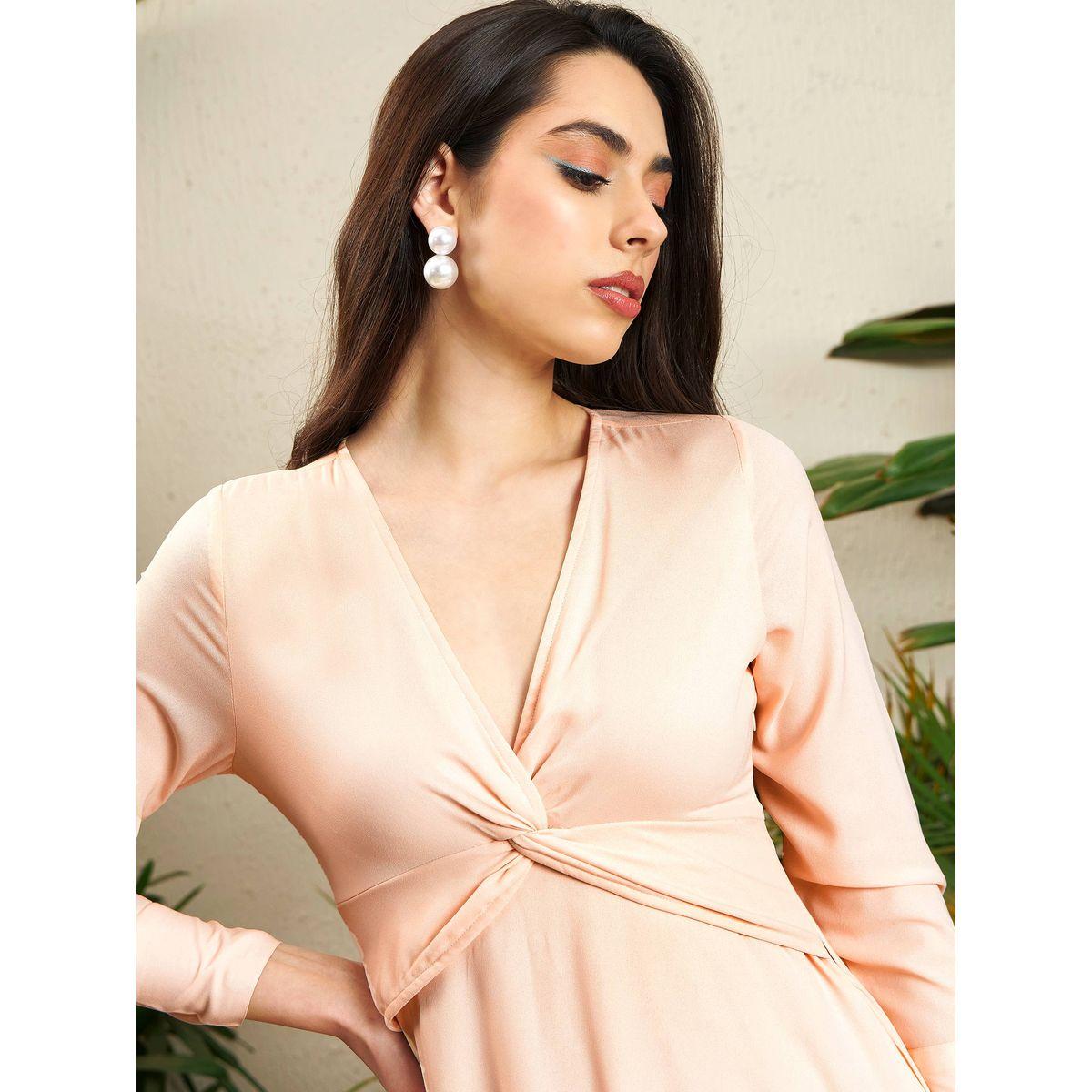 فستان ميدي بنمط ملفوف واكمام طويلة بأساور ساسافراس × ستايلي-women-clothing-dresses-image-4