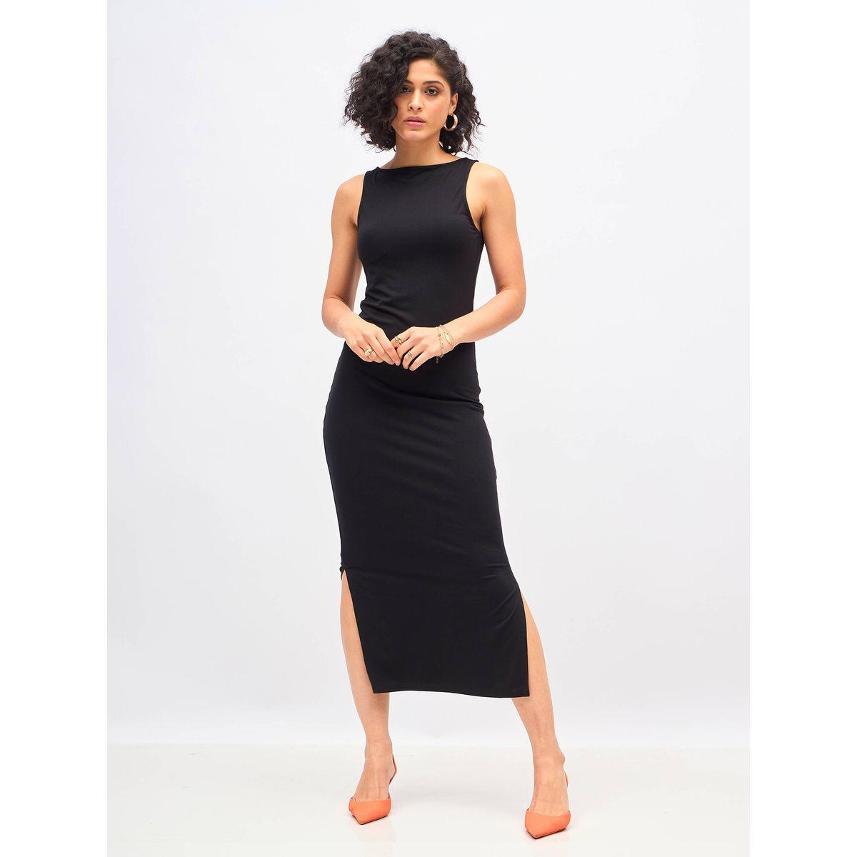 فستان ميدي جيرسيه ضيق بياقة ريسر ساسافراس × ستايلي-women-clothing-dresses-image-1