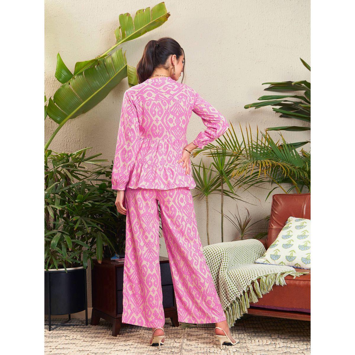 طقم منسق من بنطال بالازو مع بلوزة بكسرات وطبعة ايكات ساسافراس × ستايلي-women-clothing-coordsets-image-6