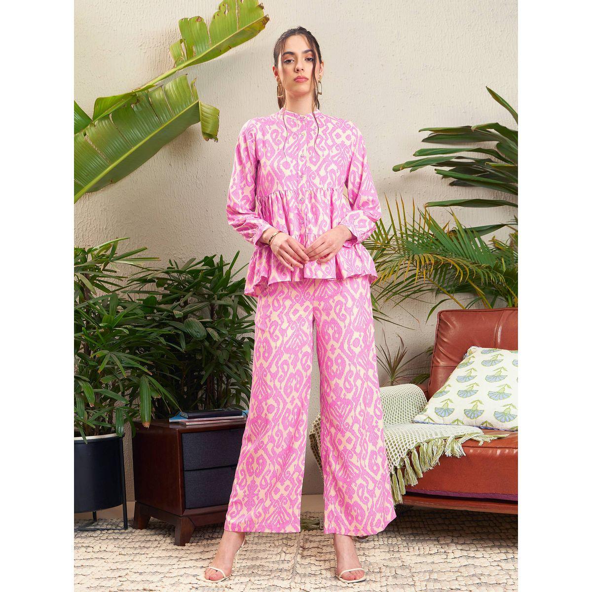 طقم منسق من بنطال بالازو مع بلوزة بكسرات وطبعة ايكات ساسافراس × ستايلي-women-clothing-coordsets-image-8