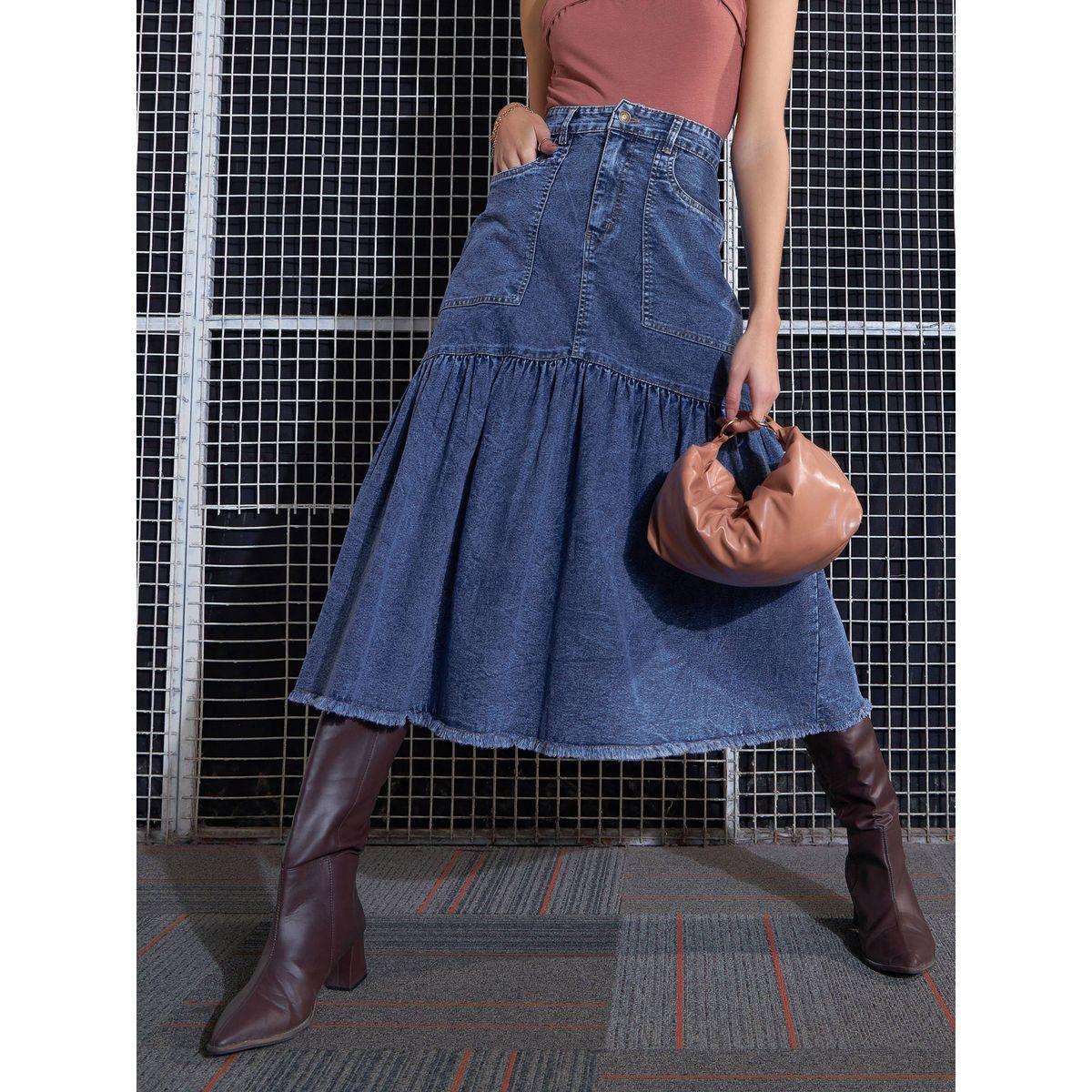 تنورة ميدي دنيم بحافة ممزقة ساسافراس × ستايلي-women-clothing-bottoms-skirts-image-2