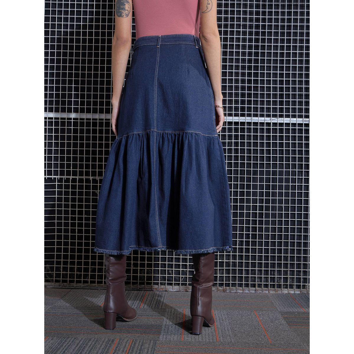 تنورة ميدي دنيم بحافة ممزقة ساسافراس × ستايلي-women-clothing-bottoms-skirts-image-5