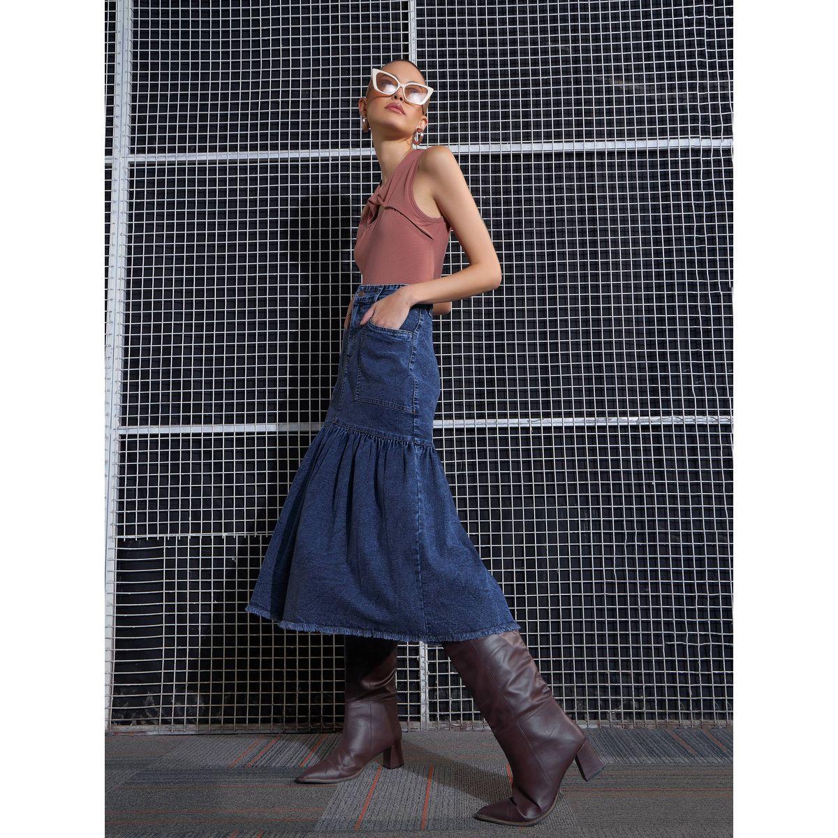 تنورة ميدي دنيم بحافة ممزقة ساسافراس × ستايلي-women-clothing-bottoms-skirts-image-8