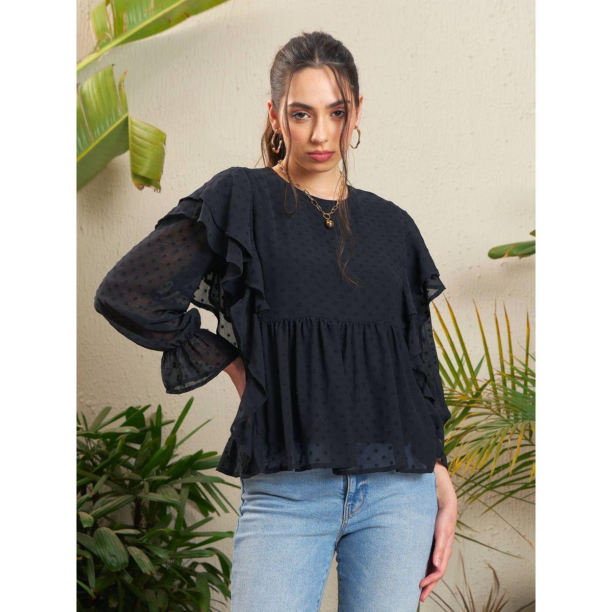 بلوزة بيبلوم بخيوط دوبي وتفاصيل كشكش ساسافراس × ستايلي-women-clothing-shirtsandblouses-blouses-image-1