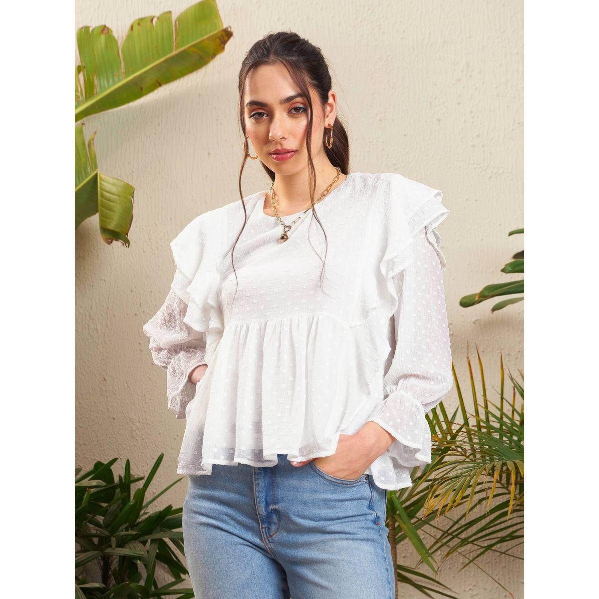 بلوزة بيبلوم بخيوط دوبي وتفاصيل كشكش ساسافراس × ستايلي-women-clothing-shirtsandblouses-blouses-image-1