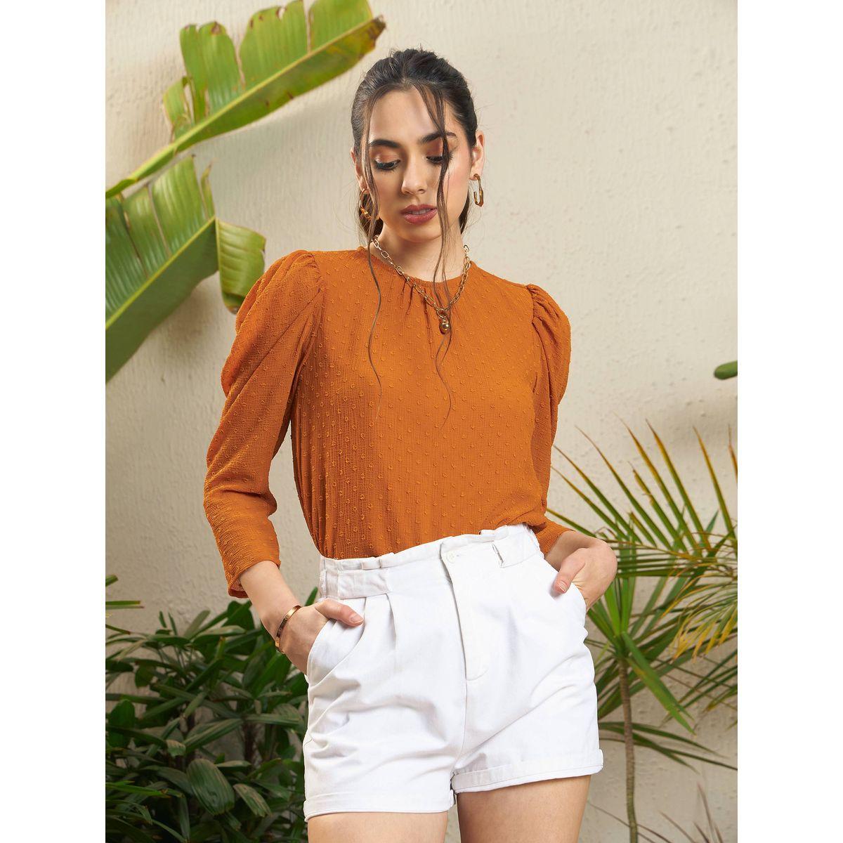 بلوزة كاجوال بتفاصيل دوبي واكمام منفوخة ساسافراس × ستايلي-women-clothing-shirtsandblouses-blouses-image-1