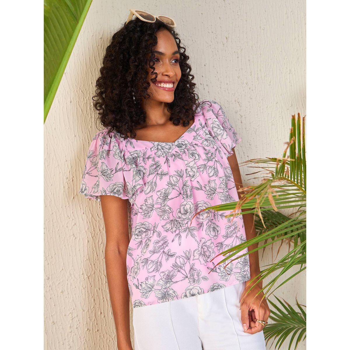 بلوزة مطبعة بزهور مع ياقة بشكل قلب ساسافراس × ستايلي-women-clothing-shirtsandblouses-blouses-image-1