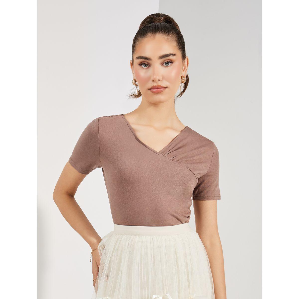 Styli Side Gathered Detail V Neck Bodysuit-women-clothing-tshirts-image-2