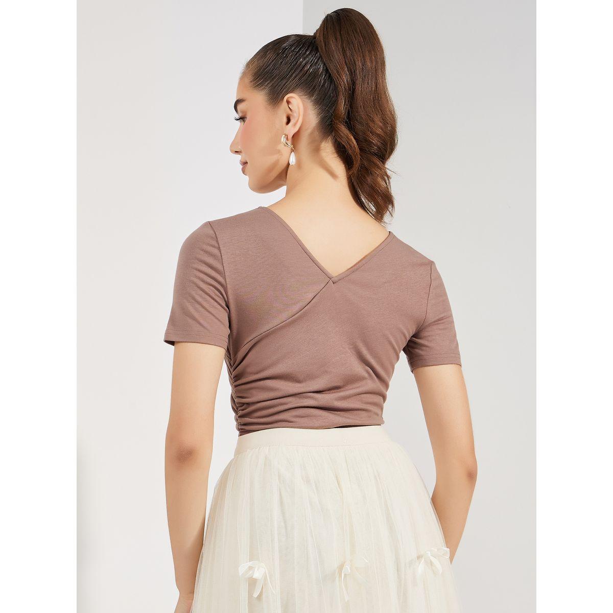 Styli Side Gathered Detail V Neck Bodysuit-women-clothing-tshirts-image-5
