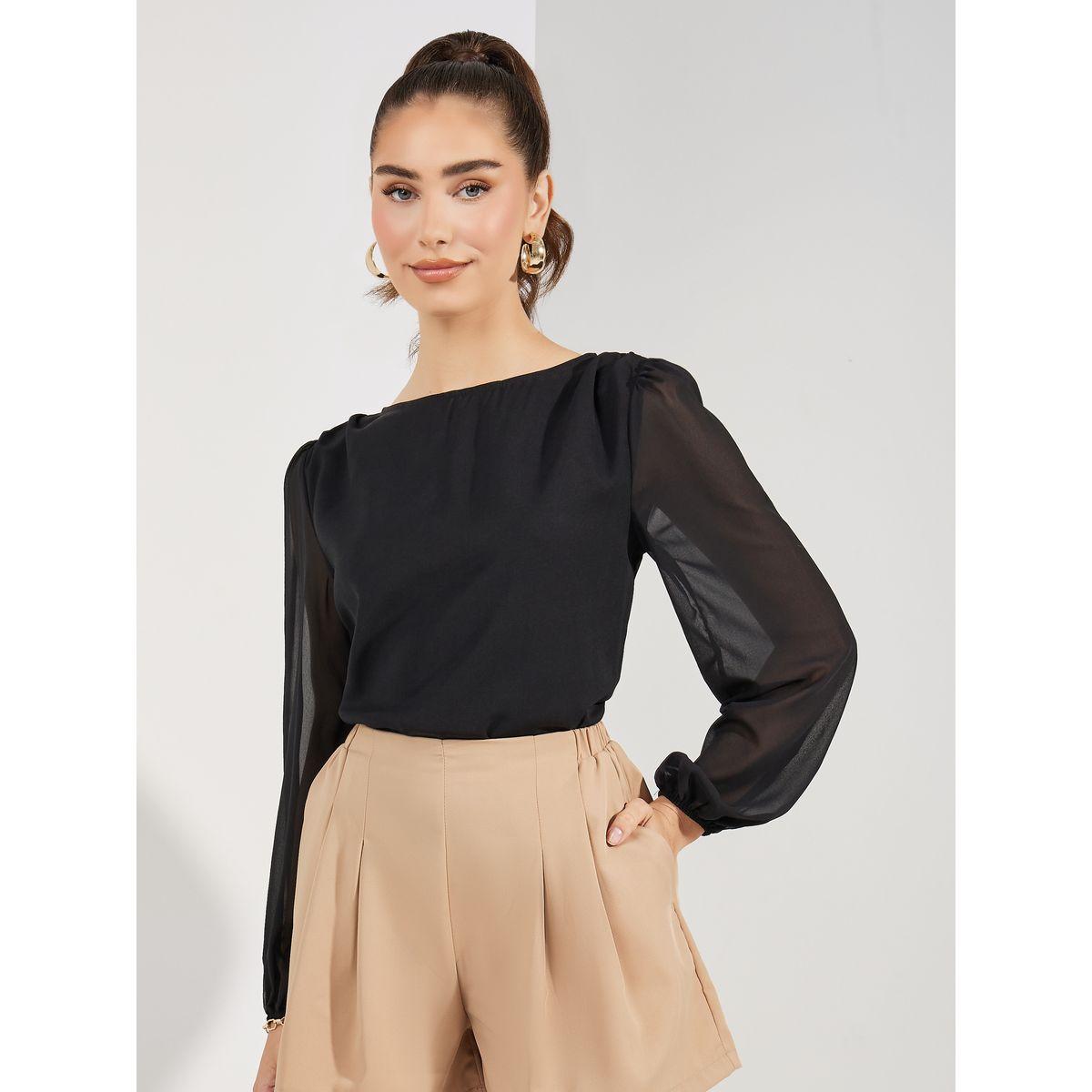 بلوزة شيفون بياقة قارب مع اكمام فوليوم-women-clothing-shirtsandblouses-blouses-image-1