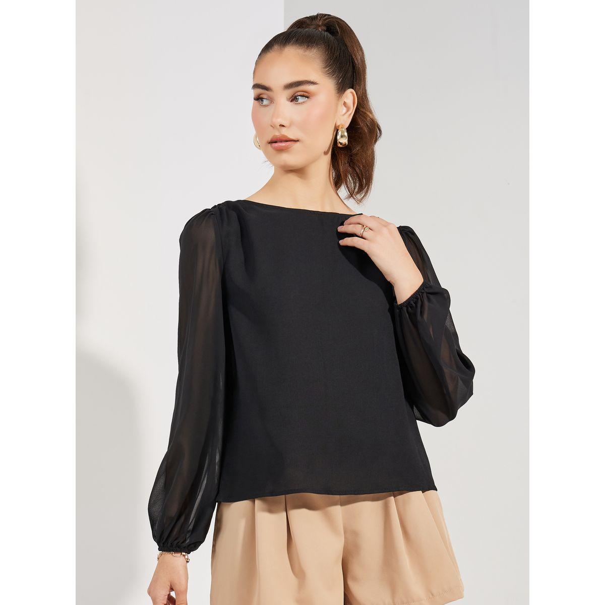 Styli Boat Neck Chiffon Blouse with Volume Sleeves-women-clothing-shirtsandblouses-blouses-image-2
