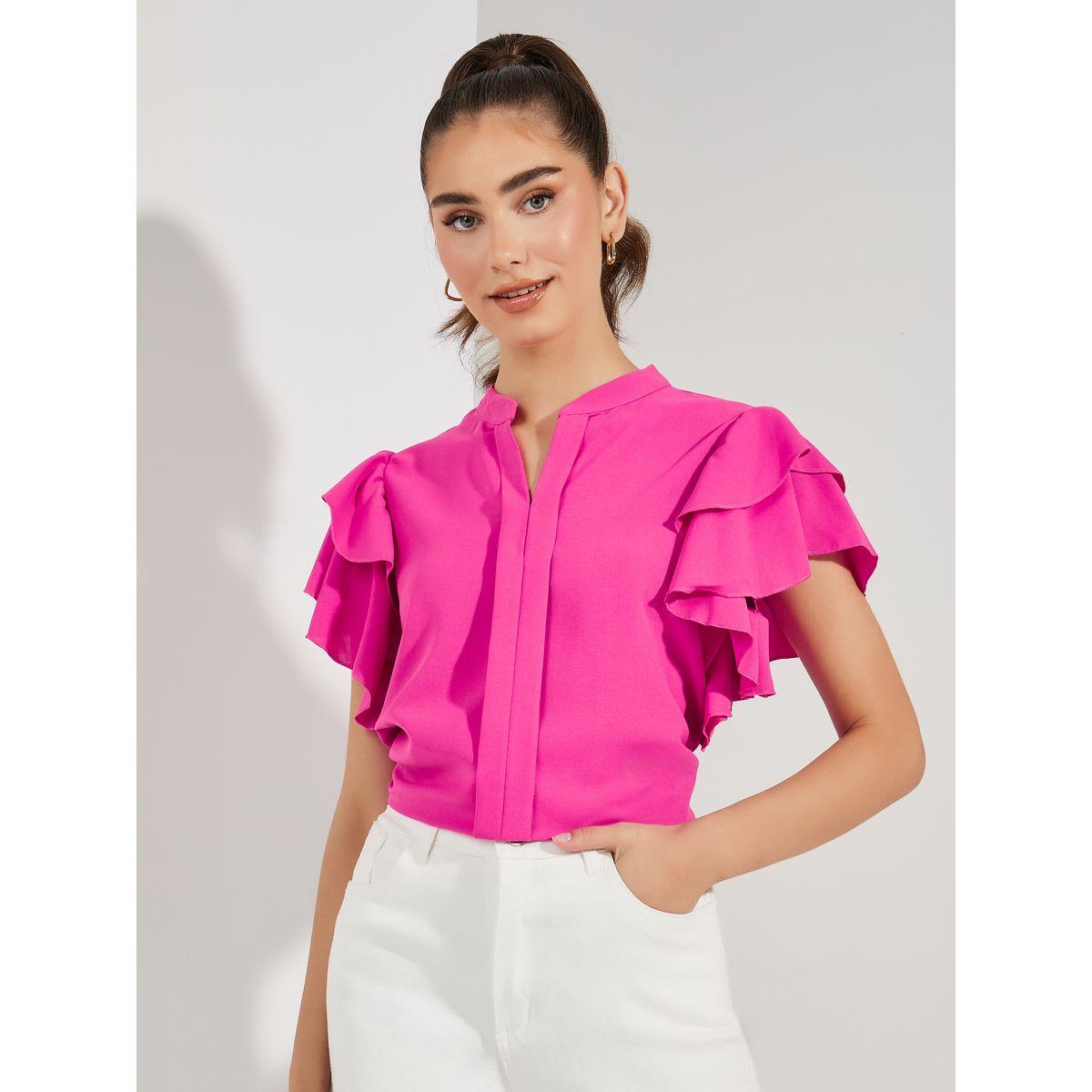 بلوزة سادة بقصة عادية واكمام كشكش-women-clothing-shirtsandblouses-blouses-image-1